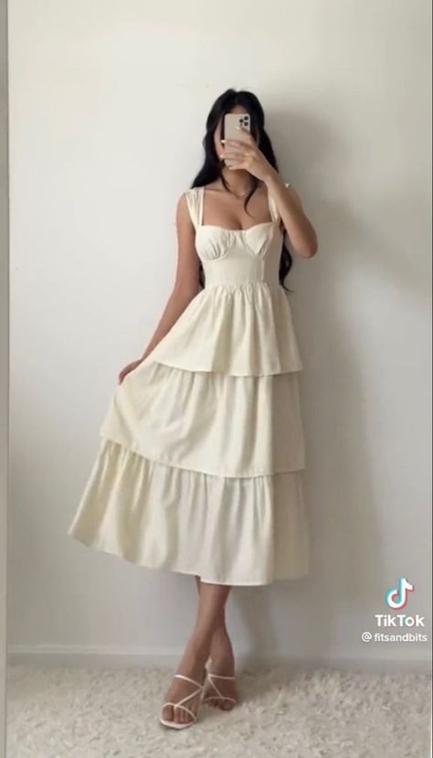 Waist Cinching Dress, Fitsandbits Dress, Spring Sundress Outfits, Tiered Skirt Dress, Romantic Natural Essence Style, Cute Summer Fashion, Graduation Dress Inspiration, Light Feminine Aesthetic Outfits, Fitsandbits Outfits