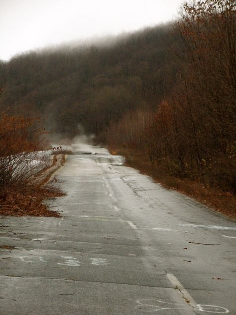 Centralia is an abandoned mining town in Pennsylvania. An underground mining fire started in the 1960’s the mine fire started and kept burning. They began to evacuate citizens and all houses were bought by the government. The older citizens refused to move and continued to live in their homes.All of the town members now are being forced to move because the smoke from the mine fire has gotten worse with the chemicals mixed in.   There is an abandoned highway that was closed off by a mound of dirt Centralia Pennsylvania Silent Hill, Pennsylvania Gothic, Pennsylvania Aesthetic, Abandoned Highway, Regional Gothic, Centralia Pennsylvania, Underground Mining, Pennsylvania History, Mining Town