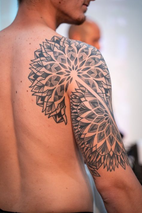 Mandala Half Sleeve Tattoo Men, Mandala Tattoo Bicep, Mandala Bicep Tattoo, Mandela Tattoo Shoulder, Arm Tattoo Geometric, Geometric Tattoo Half Sleeve, Mandala Half Sleeve, Geometric Half Sleeve, Half Mandala Design