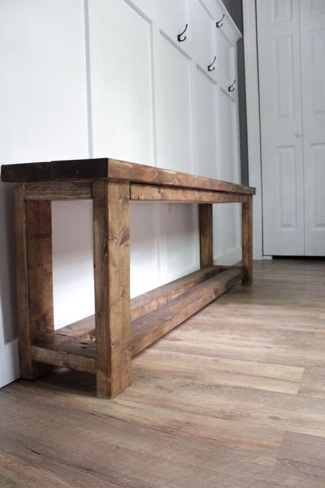 Diy Entry Shoe Bench, Diy Bench With 2x4, Boho Bench Diy, Diy Wood Bench With Shoe Storage, Diy Long Wood Bench, Diy Front Door Bench, Diy End Of The Bed Bench, Pallet Entryway Bench, How To Make A Wooden Bench Seat