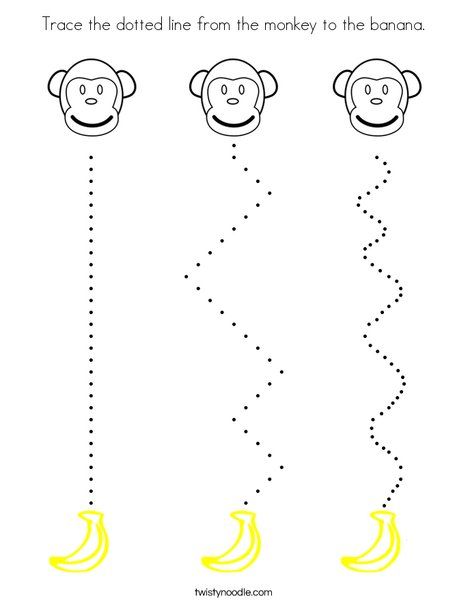 Trace the dotted line from the monkey to the banana Coloring Page - Twisty Noodle Monkey Fine Motor Activities, Banana Preschool Activities, Jungle Preschool Activities Art Projects, Zoo Tracing Preschool, Monkey Worksheet Preschool, Monkey Craft For Preschool, Toddler Monkey Craft, Jungle Gross Motor Activities, Monkey Activity For Preschool