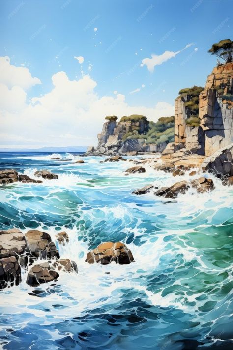 Premium Photo | A Painting of the Ocean With Rocks and Water Generative AI Rocky Beach Painting, Painting Of The Ocean, Impressionist Watercolor, Ocean Landscape Painting, Ocean Drawing, Reflection Painting, Seaside Art, Ocean Landscape, Landscape Art Painting