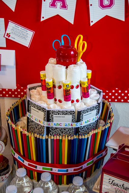 Diaper cake at a Teacher Baby Shower #teacher #babyshower #diapercake Teacher Baby Shower From Students, Teacher Baby Shower Ideas, Teacher Cakes, Teacher Party, Class Birthdays, Baby Decor Diy, Baby Shower Diaper Cake, Baby Shower Party Ideas, Shower Party Ideas