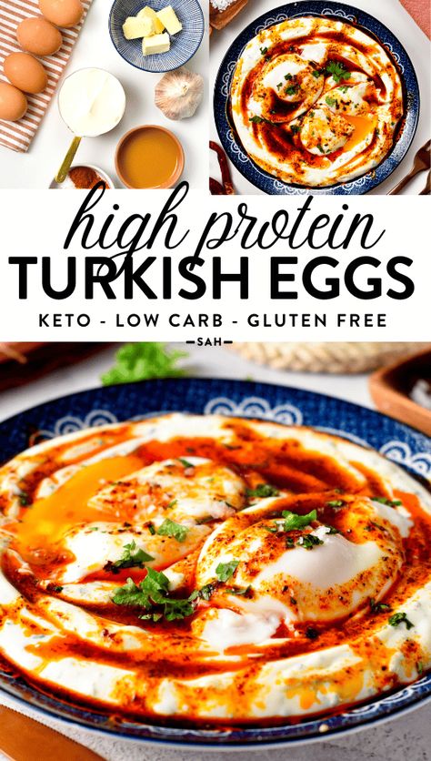 These Turkish Eggs also called Cilbir are the best high-protein low-carb breakfast ever packed with 25 g proteins. An ultra creamy garlic yogurt, topped with warm poached eggs and spicy Aleppo butter. Labneh Breakfast Ideas, Fitness Breakfast Ideas, Spicy Heavy Cream Eggs, High Protein Mediterranean Breakfast, 25g Protein Breakfast, Labneh Eggs, High Protein Egg Recipes, Turkish Eggs Recipe, High Protein Mediterranean Recipes