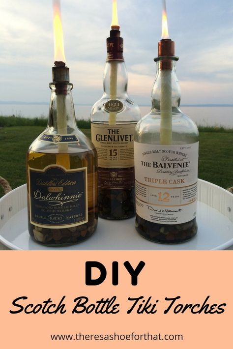 Bourbon Bottle Crafts, Bottle Tiki Torch Diy, Bourbon Decor, Tiki Torches Diy, Diy Citronella Candles, Back Yard Oasis, Whiskey Bottle Crafts, Torches Diy, Bottle Torch