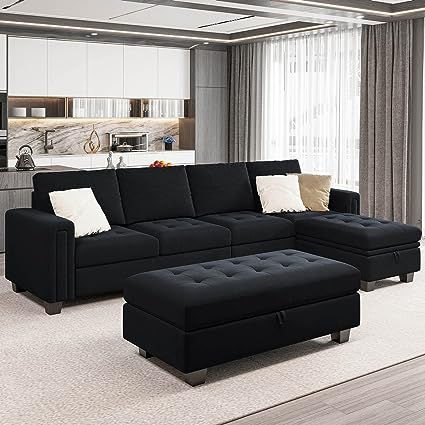 Couch Storage, L Shaped Sofa Designs, Couch With Storage, Ottoman Black, Luxury Furniture Sofa, Living Room Furniture Styles, Ottoman Furniture, Couch With Ottoman, Velvet Sectional