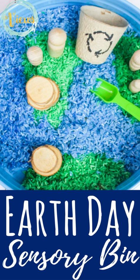 This Earth Day sensory bin uses blue and green colored rice, along with some natural wooden elements to create a fun and engaging bin for play and learning. #activitiesforbabies Earth Day Sensory Bin, Earth Day Sensory, Recycled Crafts Kids Preschool, Recycling Games, Kate Messner, Preschool Steam, Earth Day Activity, Earth Activities, Recycling Activities