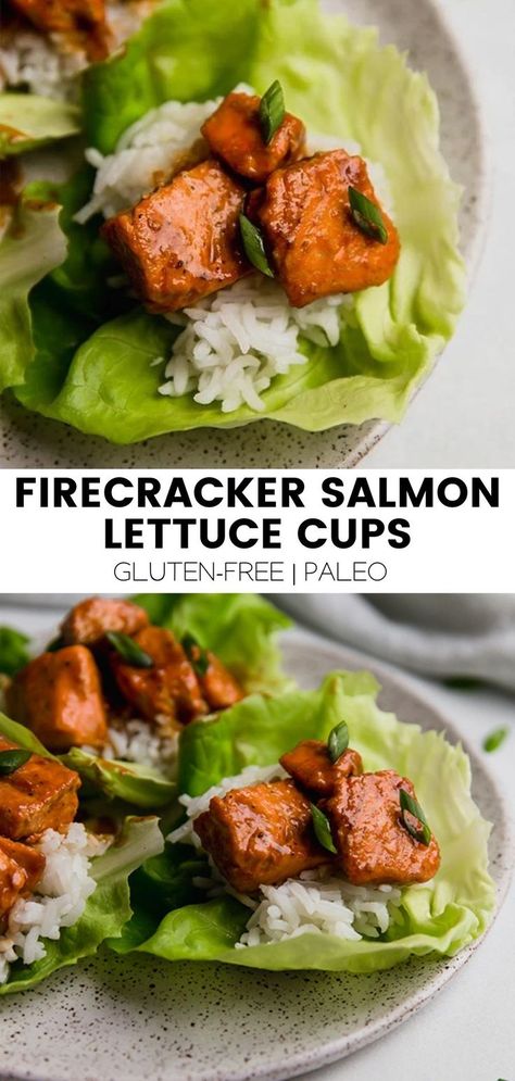 These firecracker salmon lettuce cups are made with flavorful salmon bites wrapped in crisp butter lettuce with rice (or cauliflower rice). They’re gluten-free and can be made paleo and AIP. Salmon Lettuce Cups, Firecracker Salmon Bites, Spicy Salmon Rice Muffins, Salmon Cups, Salmon Lettuce Wraps, Shrimp Lettuce Cups, Asian Wraps, Firecracker Salmon, Paleo Salmon