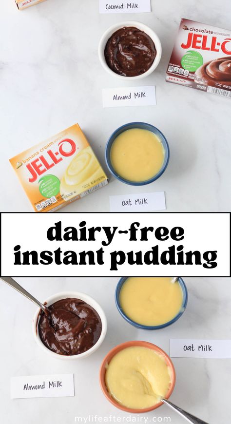 Experience joy in every bite with our simple guide on crafting dairy-free instant pudding. This tutorial will not only teach you how to make delicious and creamy dairy-free milk, but will also demystify the process of whipping up dairy-free instant pudding. Start learning today and make your dairy-free dessert creation as easy as 1-2-3. This guide will walk you through the measurements for making instant pudding with dairy-free milk like oat milk, almond milk, and coconut milk. Dairy Free Jello Pudding, Almond Pudding Recipe, Instant Pudding Recipes, Dairy Free Dessert Easy, Coconut Milk Pudding, Dairy Free Pudding, Frozen Pudding, Dairy Free Cooking, Sugar Free Jello