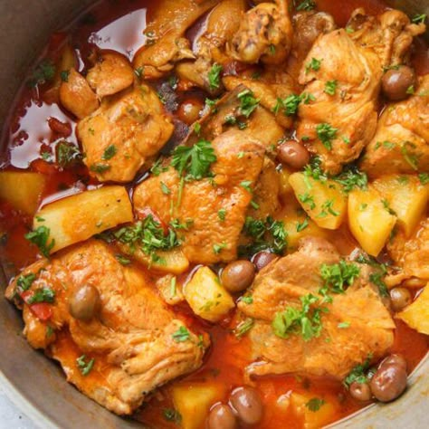 Pollo Guisado (Chicken Stew) - Cooked by Julie Pollo Guisado Recipe, Puerto Rican Chicken Stew, Chicken Saltimbocca Recipe, Guisado Recipe, Puerto Rican Chicken, Authentic Spanish Recipes, Puerto Rico Recipes, Latin Food Recipes, Puerto Rican Foods