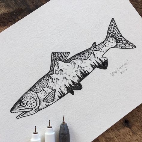 Pnw Drawings, Alaska Illustration, Salmon Tattoo, Sam Tattoo, Trout Tattoo, Fly Fishing Tattoo, Sam Larson, Fish Illustrations, Illustration Video