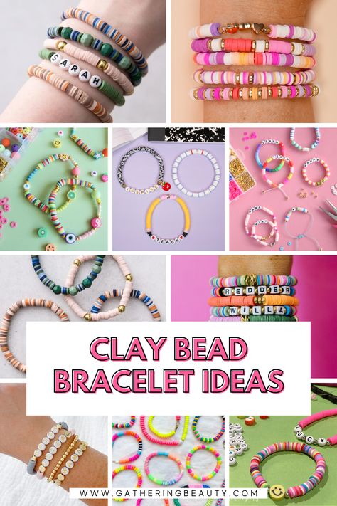 Clay Bead Craft Ideas, Clay Disc Bracelet Ideas, Polymer Clay Bead Bracelet Patterns, Beaded Friendship Bracelet Patterns, Clay Bead Bracelet Patterns, Making Beaded Bracelets, Spell Names, Clay Bead Bracelet Ideas, Meaningful Phrases