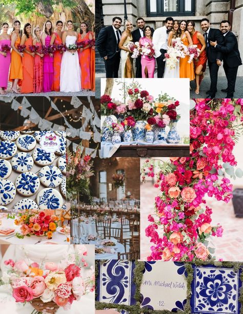 Spanish Style Bridal Party, Mexican Wedding Bridal Party, Mexican Theme Bridesmaid Dresses, Talavera Centerpiece Wedding Ideas, Vibrant Mexican Wedding, Talavera Wedding Bridesmaids, Hacienda Wedding Bridesmaids, Cancun Wedding Colors, Wedding Color Schemes Mexican