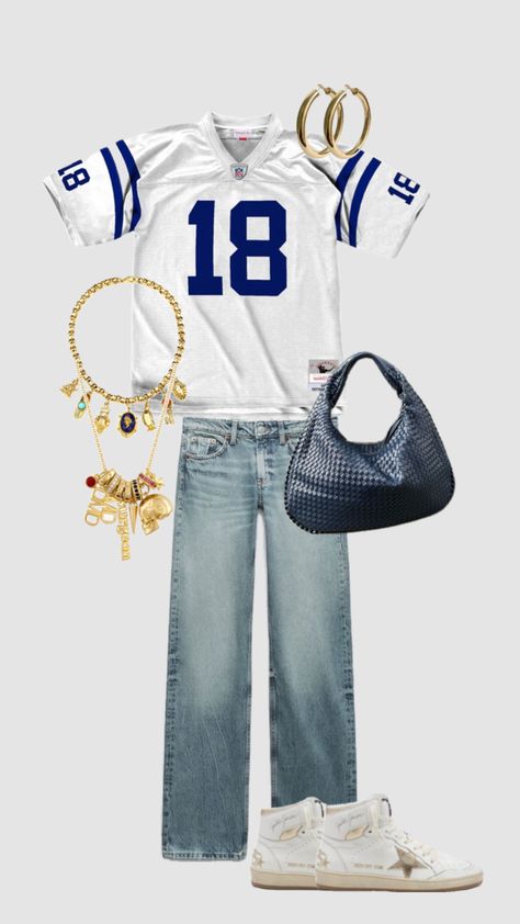 #jewellery #spring #outfit #outfitinspo #outfitidea #shuffle #shffls #y2k #blue Jersey Outfit, Outfit Idea, Not Mine, For Girls, Football, Outfit Inspo, Gold, American Football