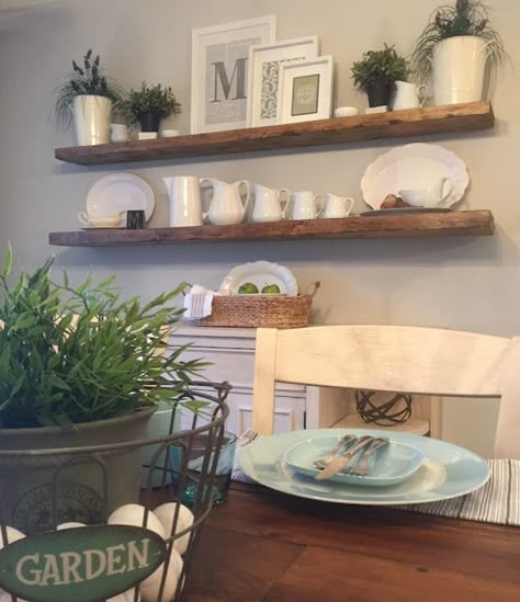 Floating Shelf Dining Room Farmhouse, Rustic Shelves Dining Room, Flooding Shelves, Floating Shelves Dining Room Wall, Dining Room Wall Shelf, Shelf In Dining Room, Dinning Room Shelves, Dining Room Floating Shelves, Dining Room Shelving