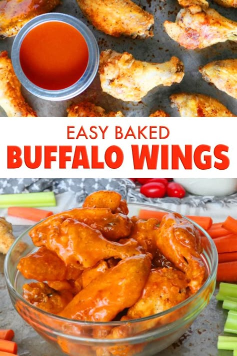 These easy baked buffalo wings are the perfect party appetizer! Seriously, finger food does not get easier or tastier than these golden brown, crispy chicken wings drenched in a perfect homemade buffalo sauce! #chickenwings #buffalowings #wings #bakedwings #bakedbuffalowings #buffalosauce #partyappetizer #appetizer #fingerfood #partyfood Buffalo Wings Sauce Recipe, Baked Buffalo Chicken Wings, Buffalo Wings Recipe Baked, Baked Hot Wings, Wings Buffalo, Buffalo Wings Recipe, Wings Recipe Baked, Baked Buffalo Wings, Hot Wing Recipe