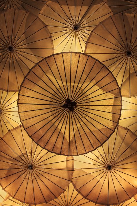 Japanese Influences Make Quincoces-Dragò & Partners’s Milan Presentation Shine at Six Gallery - Architectural Digest Umbrella Ceiling, Jinafire Long, Japanese Lighting, Japanese Restaurant Interior, Japanese Lamps, Japanese Umbrella, Paper Umbrellas, Asian Restaurants, Japanese Interior