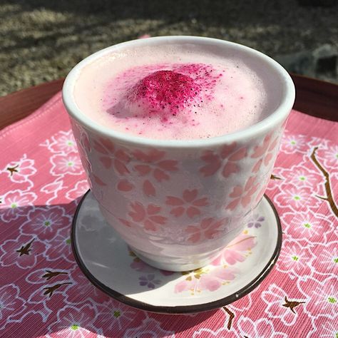 Pink Sakura Tea Latte | TokyoPony Sakura Tea, Milk Tea Recipes, Homemade Tea, Pink Sakura, High Tea Party, Pink Drink, Pink Tea, Tea Latte, Pink Drinks