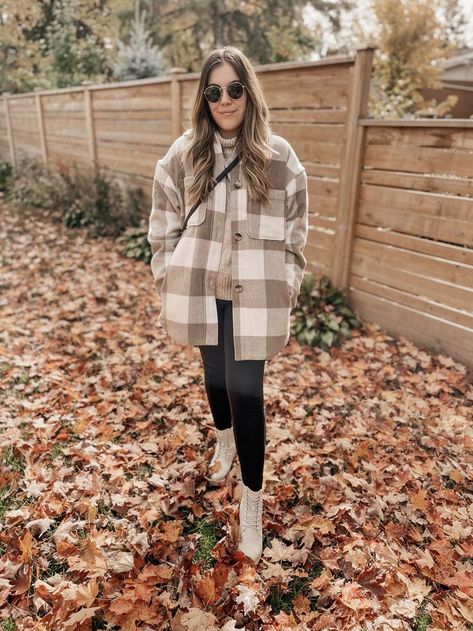 fall plaid shacket outfits for women Autumn Outfits Shacket, Shacket Outfit Women Dressed Up, Tan Plaid Jacket Outfit, Womens Combat Boots Outfit Fall, Shacket And Boots Outfit, Fall Shaket Outfits, Midsize Shacket Outfit, Shacket With Leggings Outfit Women, Beige Plaid Shacket Outfit