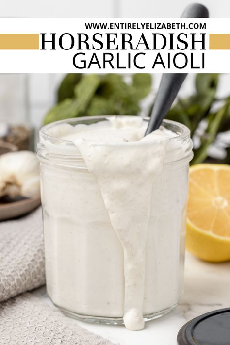 This 5 minute Horseradish Garlic Aioli recipe is creamy, bold, and the greatest condiment ever made. Use it as a dip, spread, or sauce for everything from prime rib to roasted potatoes to sandwiches. Horseradish Aioli Recipe, Aioli Sauce Recipe, Horseradish Aioli, Horseradish Mayo, Homemade Horseradish, Quick Pickled Vegetables, Garlic Aioli Recipe, Lime Aioli, Hot Sandwich Recipes