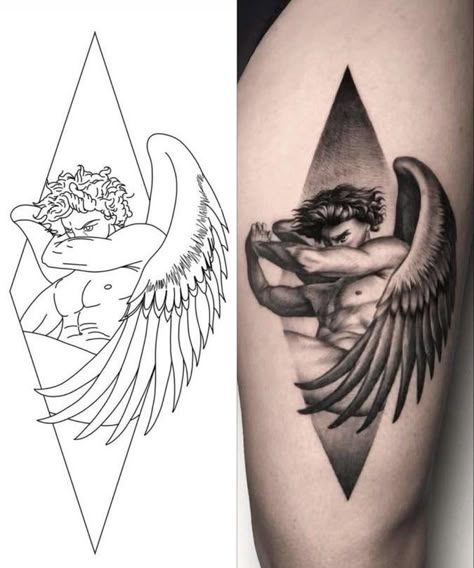 Lucifer Tattoo Design Angel, Fallen Angel Tattoo Designs, Male Angel Tattoo, The Fallen Angel Tattoo, Fallen Angel Design, Lucifer Tattoo, Fallen Angel Tattoo, Atlas Tattoo, Chicano Tattoos Sleeve