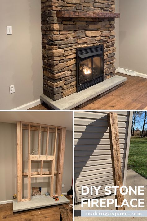 Diy Faux Stone Fireplace Tv Wall, Electric Fireplace With Stone Wall, Stone Electric Fireplace With Tv, Diy Stone Electric Fireplace, Building Fireplace Surround, Faux Stone Fireplace Surround, Stone Gas Fireplace Ideas, Diy Gas Fireplace Surround, How To Build A Fireplace Surround