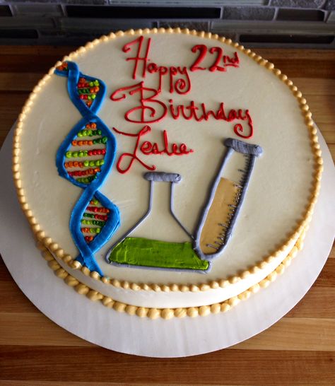 Biology Birthday cake with DNA and Test tubes Cake For Biology Teacher, Biology Birthday Cakes, Biology Theme Cake, Biology Themed Cakes, Chemistry Cake Ideas, Biology Cake Ideas, Microbiology Cake, Biology Cookies, Dna Cake