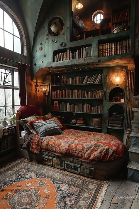 Dark Academia Bedroom Ideas for a Timeless Aesthetic - Puqqu Academia Bedroom Ideas, Maximalist Cottagecore, Gothic Houses, Dark Academia Bedroom Ideas, Academia House, Dark Academia Bedroom, Dream Home Library, Hogwarts Life, Houses Inside