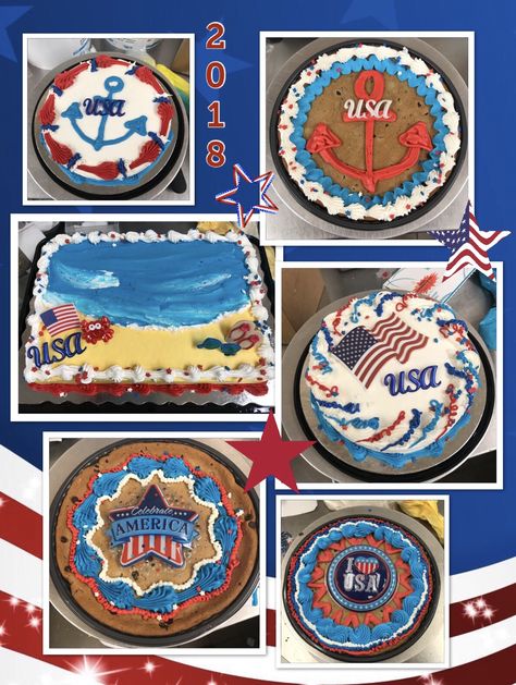 Patriotic summer beach themed cakes and cookie cakes Memorial Day Message Cookies, Memorial Day Cookie Cakes, Memorial Day Message, Memorial Day Desserts, Cake Design For Men, Beach Themed Cakes, Cookie Cake Designs, Cake Decorating Icing, Blue Cakes