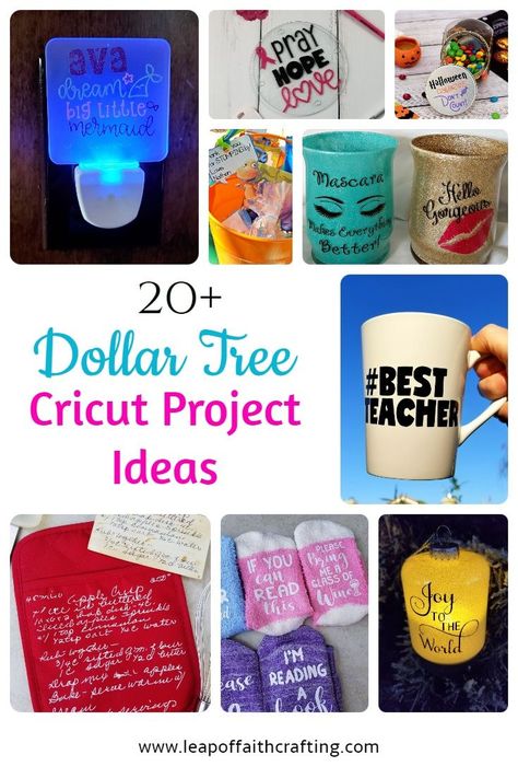 20+ Cricut projects that you can make using Dollar Tree supplies!  Perfect Cricut ideas for budget friendly gifts or things to sell! Gift Ideas Dollar Tree, Dollar Tree Vinyl, Cricut Blanks, Cricut Acrylic, Cricut Gift Ideas, Diy Brush Holder, Cricut Project Ideas, Craftroom Ideas, Cricut Sayings