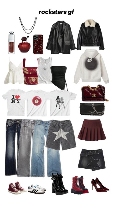 #rockstarsgf #wardrobe #outfitcollage Rockstar Gf Wardrobe, Rockstar Winter Outfit, Rockstars Girlfriend Aesthetic Outfits, Rockstars Gf Aesthetic Outfits, Rockstars Girlfriend Outfits, Rockstar Gf Outfit, Rockstar Girlfriend Outfit, Boyfriend Outfit, Rockstar Aesthetic