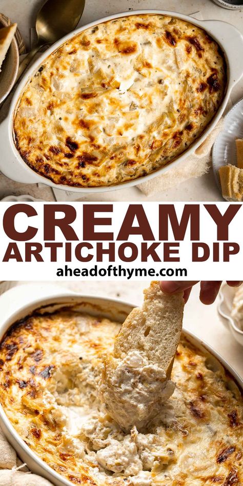 Creamy Artichoke Dip Simple Artichoke Dip, Warm Artichoke Dip, Recipes With Mascarpone Cheese, Crunchy Veggies, Friendsgiving Food, Thyme Recipes, Easy To Make Appetizers, Creamy Dip, Cream Cheese Dips