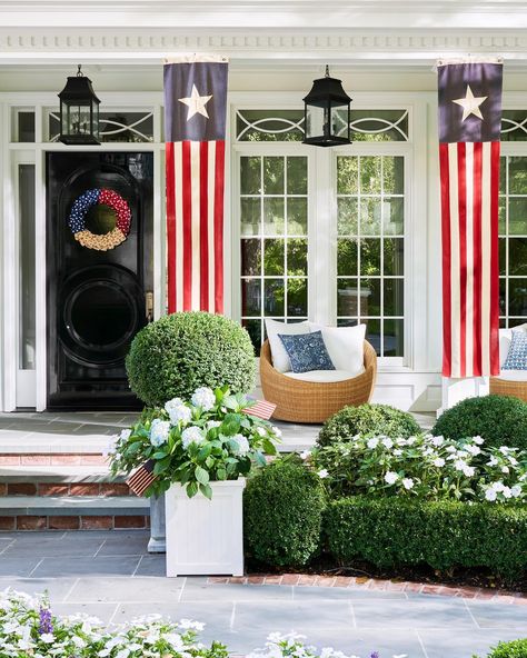 Classic Americana — a celebration of casual American living. Add casual comfort to your own home with a classic palette of red, white, and summer blues. American Flag Bunting, American Flag Banner, American Flag Pillow, Front Yard Decor, Forth Of July, Fourth Of July Decor, Classic Americana, American Living, Home Porch