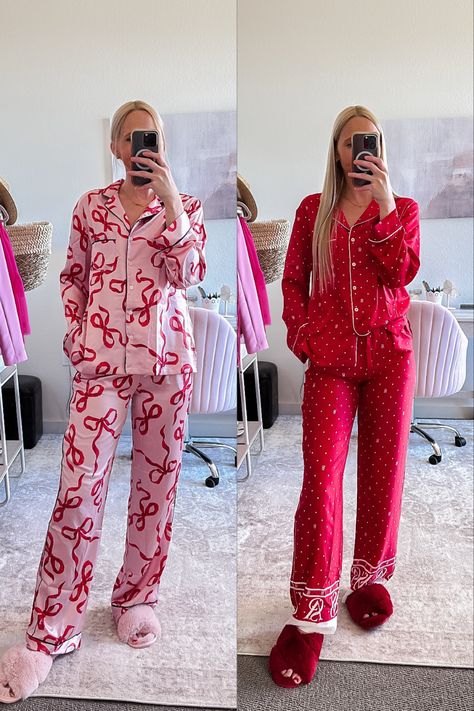 Christmas pajama party outfit ideas!! If you love Christmas pajama sets as much as we do, then you're going to obsess over this years' holiday pajama sets for women from Victoria's Secret! They are SO cute! This satin pink bow pajama set and red long sleeve pajama set are our top picks! Head to our latest post for more Christmas pjs that we're loving! Aesthetic Christmas Pajamas, Christmas Pj Party Outfit, Christmas Pajama Party Outfit, Pj Party Outfit, Pajama Party Outfit Ideas, Christmas Pjs Women, Pajama Party Outfit, Cute Christmas Pajamas, Christmas Pajama Party