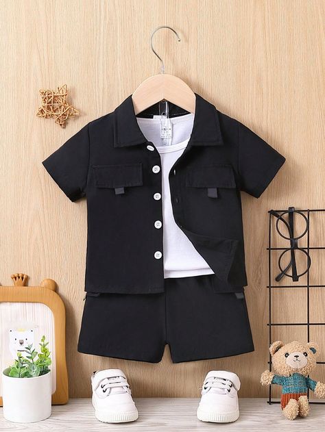 Baby Boy Flap Detail Shirt & Shorts With Tee SetI discovered amazing products on SHEIN.com, come check them out! Designer Baby Boy Clothes, Kids Dress Boys, Boy Dress, Baby Boy Dress, Black And White Baby, Kids Fashion Clothes, Fashionista Clothes, Tee Set, Baby Boy Fashion