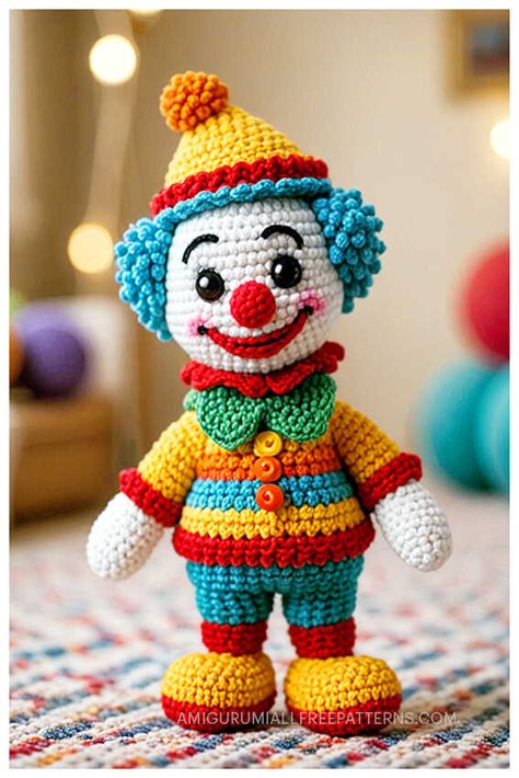 Crochet Black Dolls Free Patterns, Clown Knitting Pattern, Crochet Toy Patterns Free, Amigurumi Free Pattern Pdf, Clown Crochet, Clown Crochet Pattern, Crochet Blanket Stitch Pattern, Doll Amigurumi Free Pattern, Crochet Toys Free Patterns