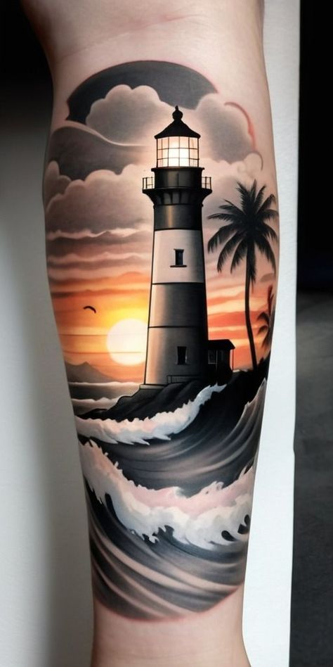 Lighthouse And Beach Tattoo, Light House Tattoo Design, Seagulls Tattoo, Light House Tattoo, Traditional Lighthouse Tattoo, Seagull Tattoo, Warrior Tattoo Sleeve, Sheep Tattoo, Amazing 3d Tattoos