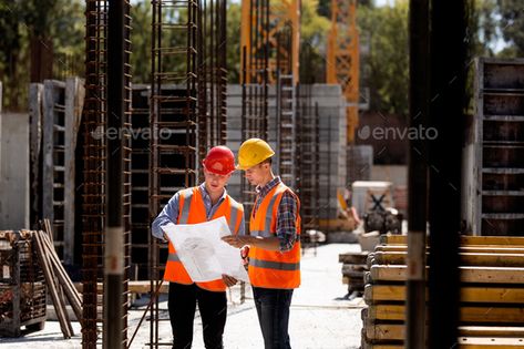 Construction manager and engineer dressed in orange work vests and hard helmets explore construction by leikapro. Construction manager and engineer dressed in orange work vests and hard helmets explore construction documentation on... #AD #dressed, #orange, #work, #Construction Engineer Dress, Construction Manager, Marketing Flyers, Construction Management, Design Diy, Diy Design, Business Card Design, Flyer Design, Business Card