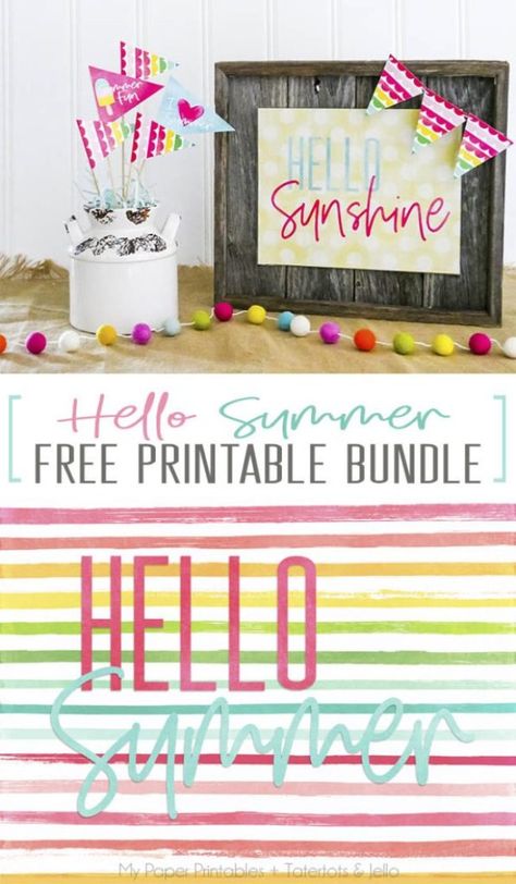 Hello Summer Free Printable, Sign, Pennants and More Hello Sunshine Sign, Hello Printable, Printable Signs Free, Sunshine Sign, Subway Art Printables, Free Poster Printables, Flag Printable, Summer Printables, Summer Wall Art