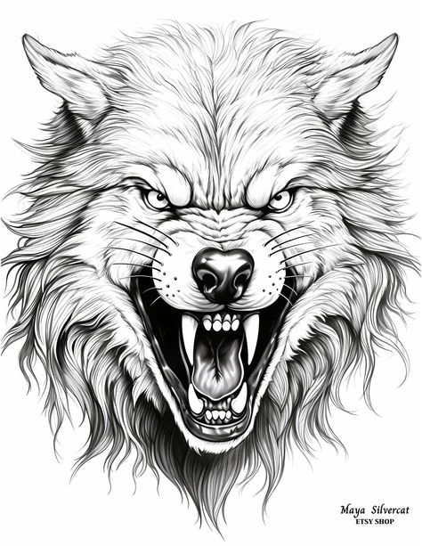 Wolf With Mouth Open Drawing, Wolf Tattoo Design Outline, Wolf Open Mouth Drawing, Wolf Tattoo Drawing, Wolf Tattoo Stencil, Wolf Drawing Tattoo, Wolf Coloring Pages, Half Sleeve Tattoos Sketches, Tattoo Wolf