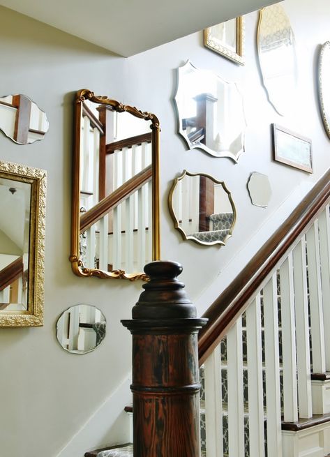 Mirror By Stairs, Mirror Gallery Wall Stairs, Staircase Wall Decor Mirrors, Mirrors Up Staircase, Mirrors Stairs Wall, Mirrors In Stairwell Staircases, Mirror Wall Stairs, Mirror On Stairway Wall, Arhaus Decor