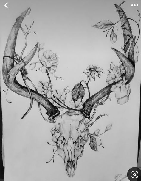 Stag Tattoo With Flowers, Cow Skull Mandala Tattoo, Skull And Crystals Drawing, Animal Skull With Flowers Tattoo, Scottish Stag Tattoo, Deer Sleeve Tattoo, Deer Skull Tattoos For Women, Stag Skull Tattoo, Elk Skull Tattoo