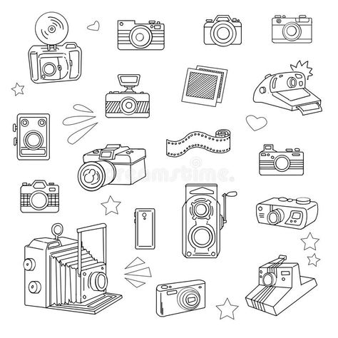 Photo cameras set vector illustration Camera Film Tattoo, Vintage Camera Tattoos, Camera Doodle, Camera Tattoo Design, Photographer Tattoo, Wörter Tattoos, Camera Tattoos, Camera Illustration, Camera Drawing