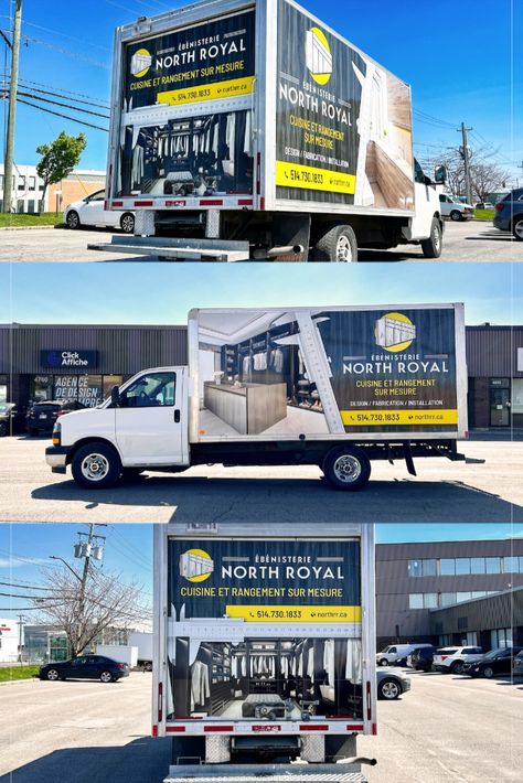 Truck box wrap on a Ford E-450 with a 13-foot cargo cube for the custom cabinetmaker and renovation company North Royal. Box Truck Wrap Design, Box Wrap, Truck Wrap, Truck Graphics, Material Ideas, Bespoke Wardrobe, Truck Boxes, Box Truck, Box Van