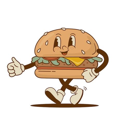 Cartoon Food Tattoos, Burger Cartoon Drawing, Vintage Burger Illustration, Burger Character Illustration, Retro Burger Illustration, Burger Character Design, Food Character Illustration, Retro Food Illustration, Retro Cartoon Illustration