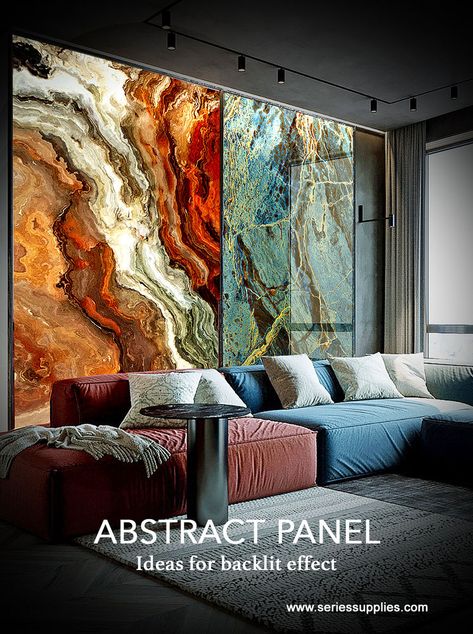 Abstract Panel represent an innovative reality in the world of wall murals.The state-of-the-art detection and hot press technology allows to have a perfect quality and super-defined visual impact very similar stone, marble, agate, onyx slabs. This panel can be appreciated with or without backlit. Its lightweight nature eases the installation process. Comes with matt and glossy surfaces. Feature Wall Design, Feature Wall Living Room, Pop False Ceiling Design, Bedroom Door Design, Tv Decor, Living Room Tv Stand, Interior Wall Design, Mural Design, Luxury Homes Interior