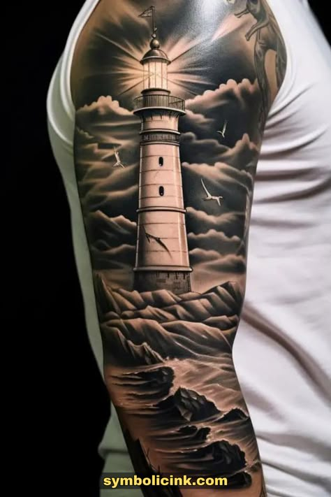 Lighthouse Tattoo For Men Light House Tattoo Design For Men, Mens Lighthouse Tattoo Sleeve, Black And Gray Lighthouse Tattoo, Lighthouse Tattoos Men, Lighthouse Back Tattoo, Lighthouse Cover Up Tattoo, Lighthouse Leg Tattoo, Lighthouse Flash Tattoo, Maine Lighthouse Tattoo