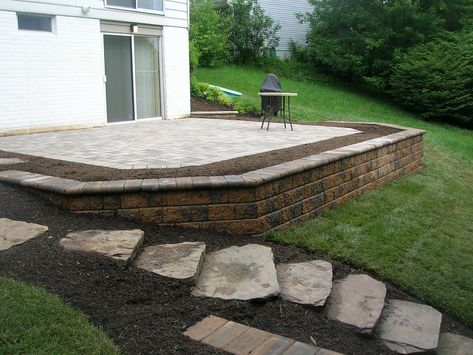 Terraced Patio Ideas, Retaining Wall Patio, Patio Under Decks, Retaining Wall Steps, Concrete Paver Patio, Backyard Retaining Walls, Concrete Patio Designs, Patio Steps, Landscaping Retaining Walls