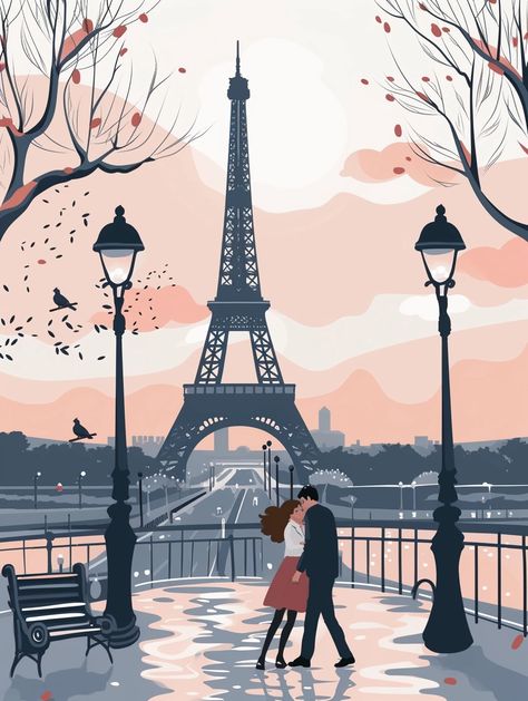 🚀🎁Travel Wall Art with Midjourney Prompts - Click the Link in my Bio🔗👈 A Couple Kissing, City Aesthetics, Paris Couple, Paris Illustration, Book Boxes, Paris Tour Eiffel, Couple Kissing, Cool Pencil Drawings, Disney Fantasy