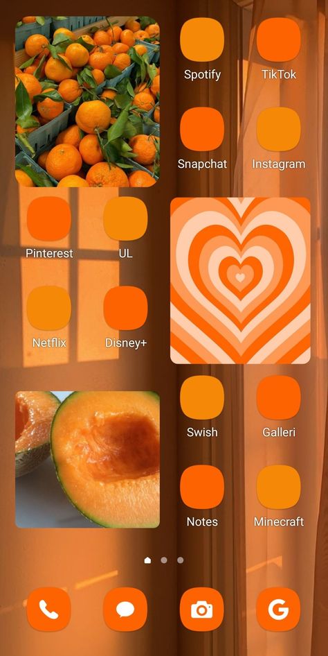 Orange Homescreen Wallpaper, Orange Phone Layout, Orange Iphone Layout, Orange Homescreen Layout, Orange Phone Theme, Orange Home Screen, Homescreen Wallpaper Layout, Orange Homescreen, Samsung Homescreen Layout Ideas